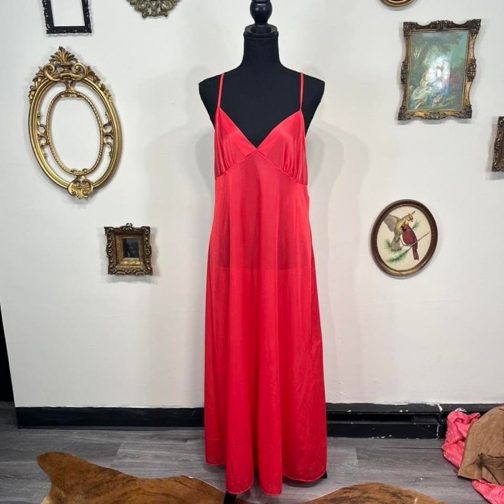 Vintage Red Nylon Slip Dress Maxi Nightgown Lingerie – Size 1X